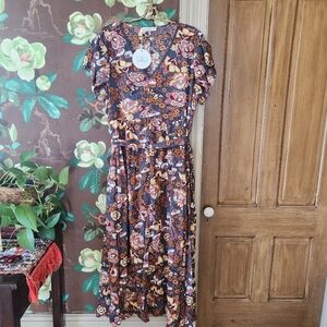 Rusttydustty Boho Floral Midi Dress 4XL V Neck Flutter Sleeve Belted Fall Boho